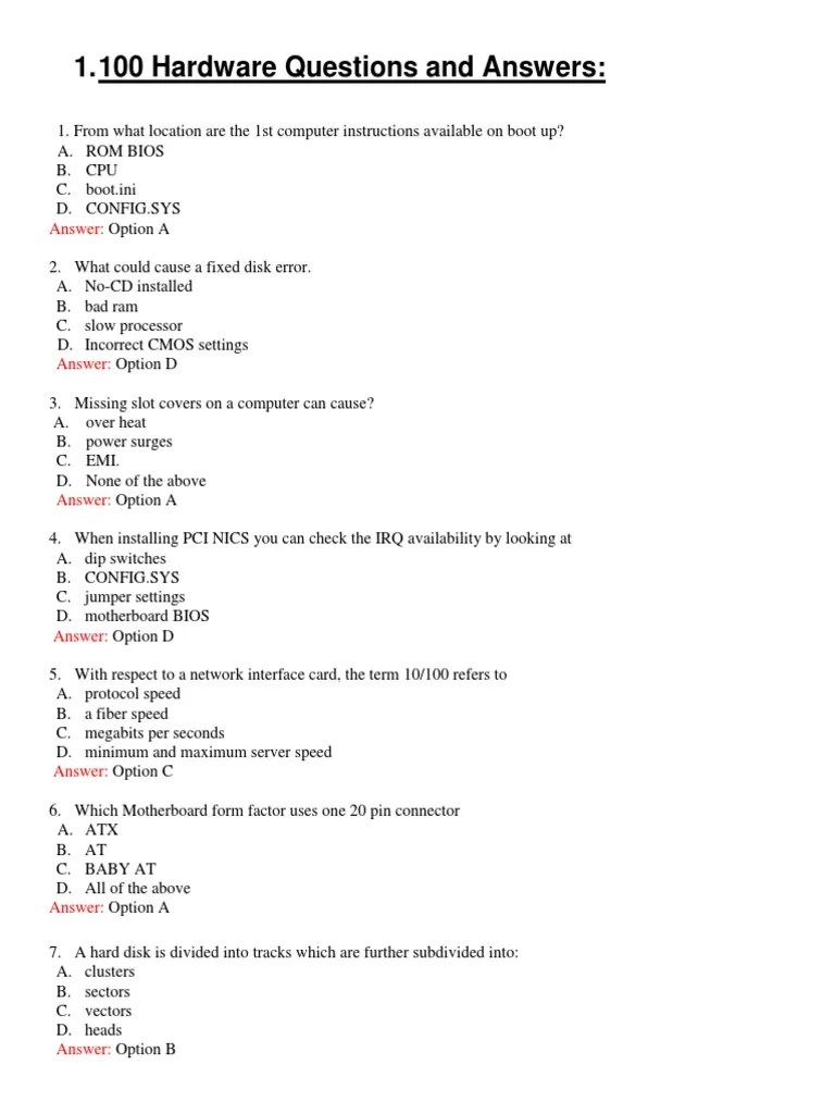 100 Hardware Questions and Answers Answer PDF Bios Microsoft