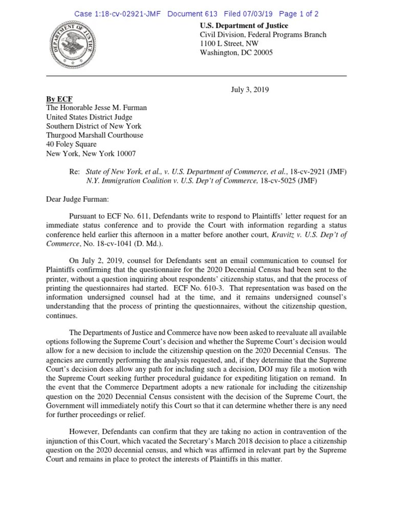 DoJ Letter to Judge Furman Supreme Court Of The United States