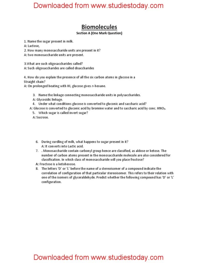 CBSE Class 12 Chemistry Biomolecules Questions Answers PDF PDF