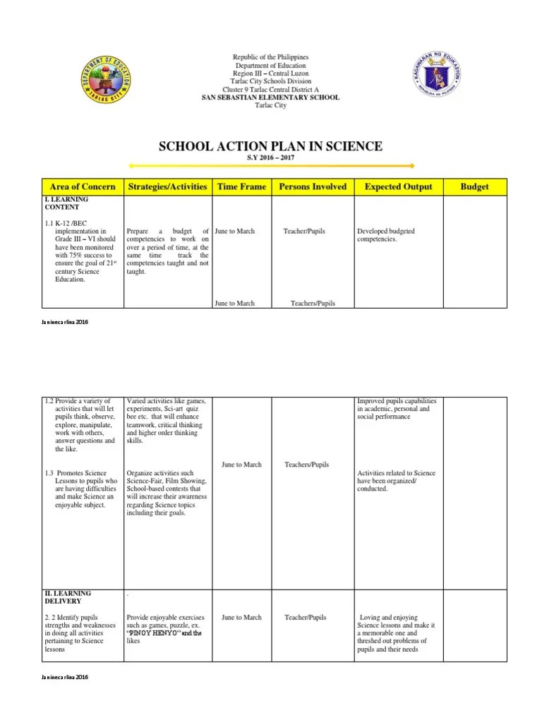 Action Plan in Science Jaja Version Science Education Science