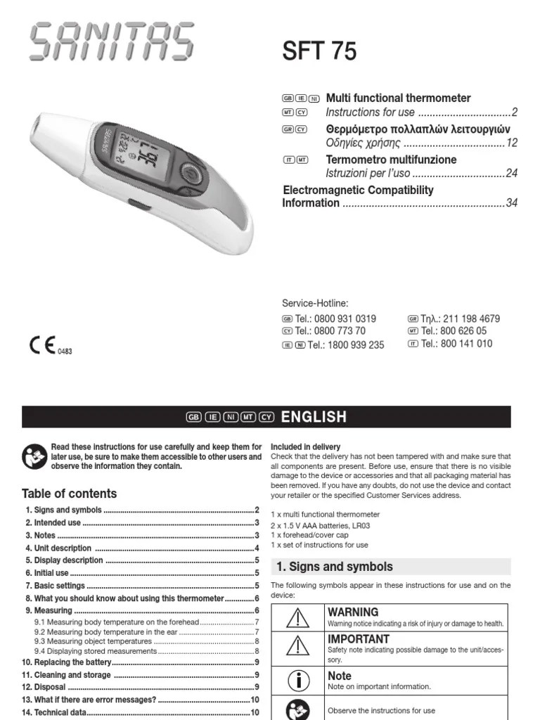 Sanitas SFT 75 Thermometer PDF PDF Fahrenheit Thermometer