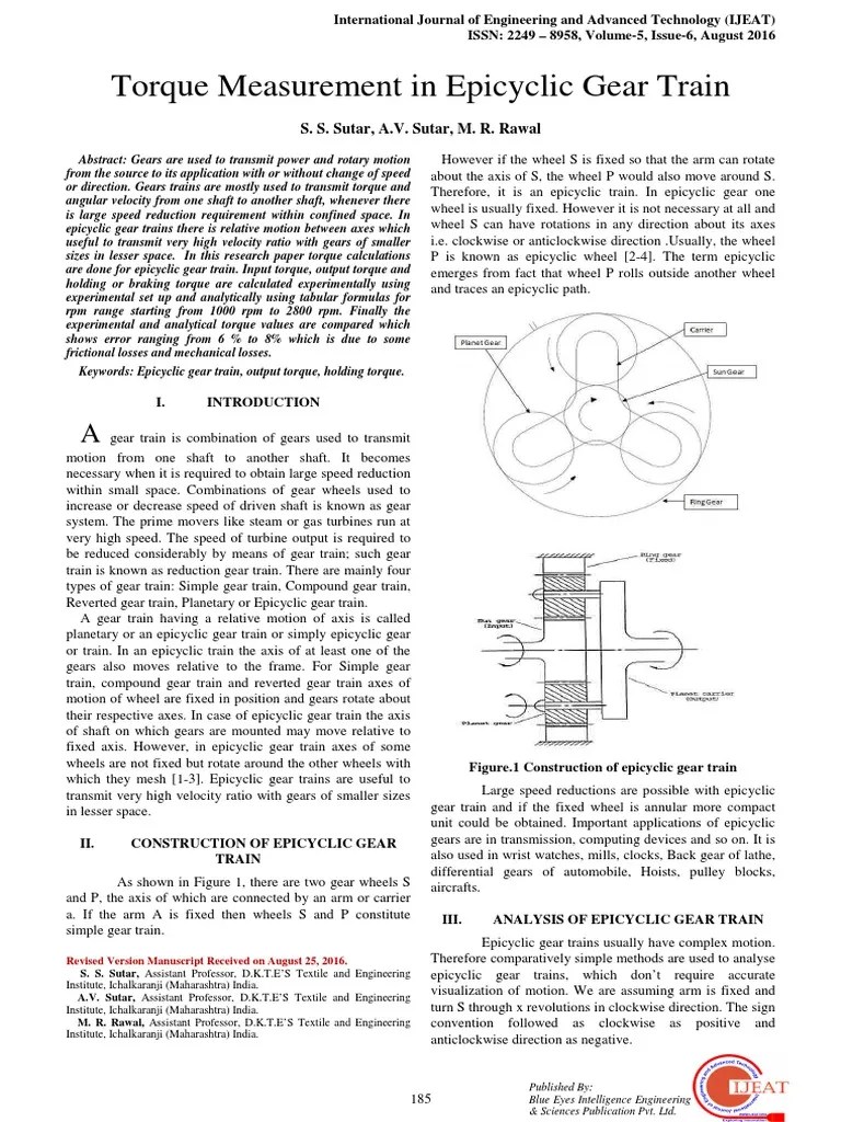 Torque Measurement in Epicyclic Gear Train S. S. Sutar, A.V. Sutar, M