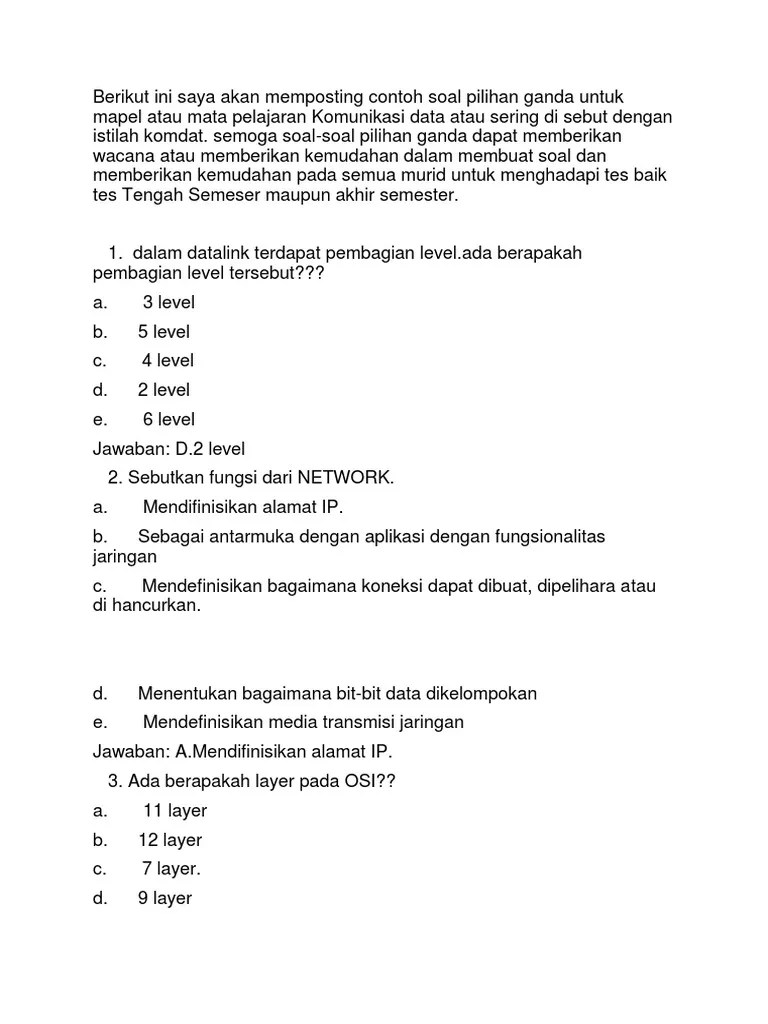Soal Dan Jawaban Komunikasi Data Kelas 11 Pilihan Ganda