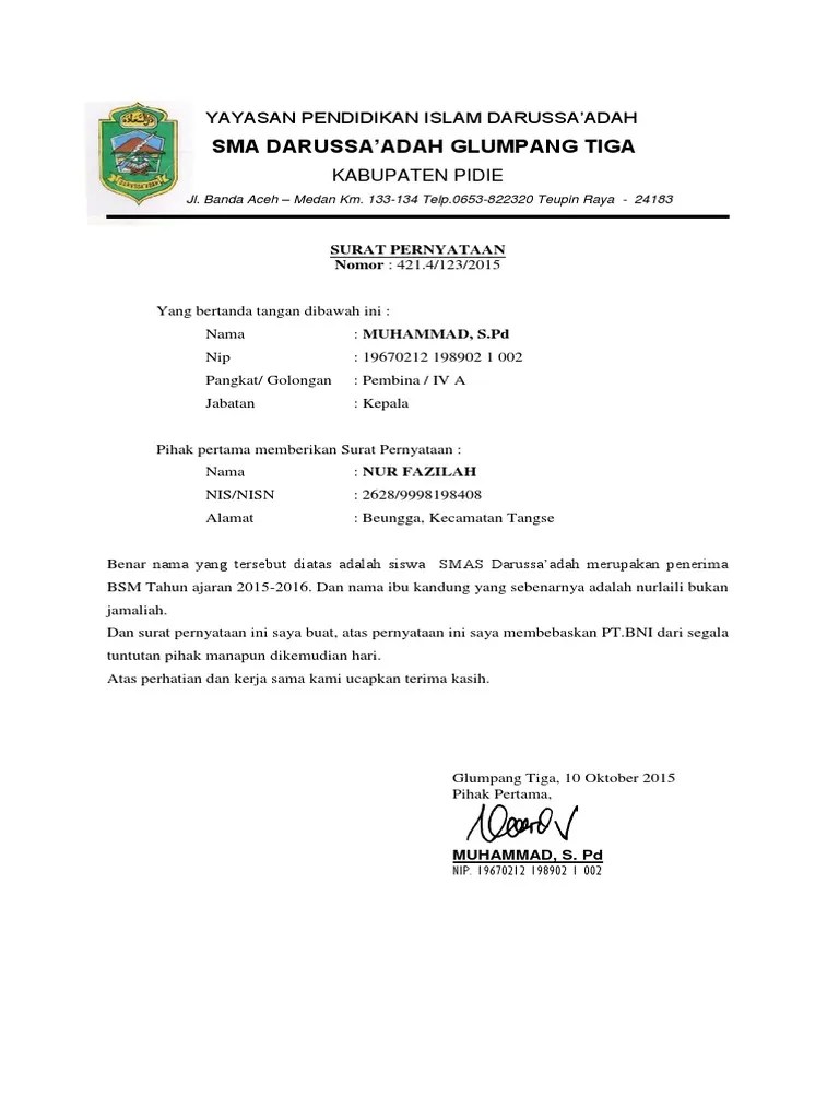 Contoh Surat Keterangan Kesalahan Nisn