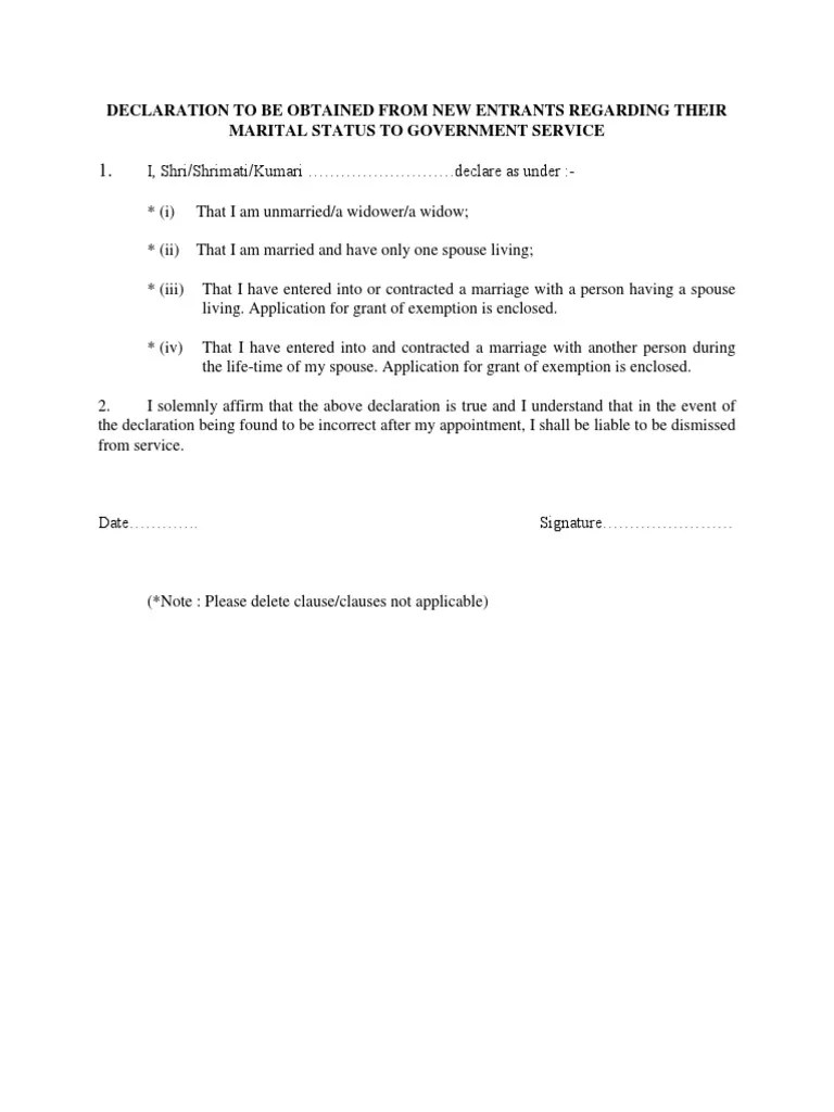 Declaration To Be Obtained From New Entrants Regarding Their Marital