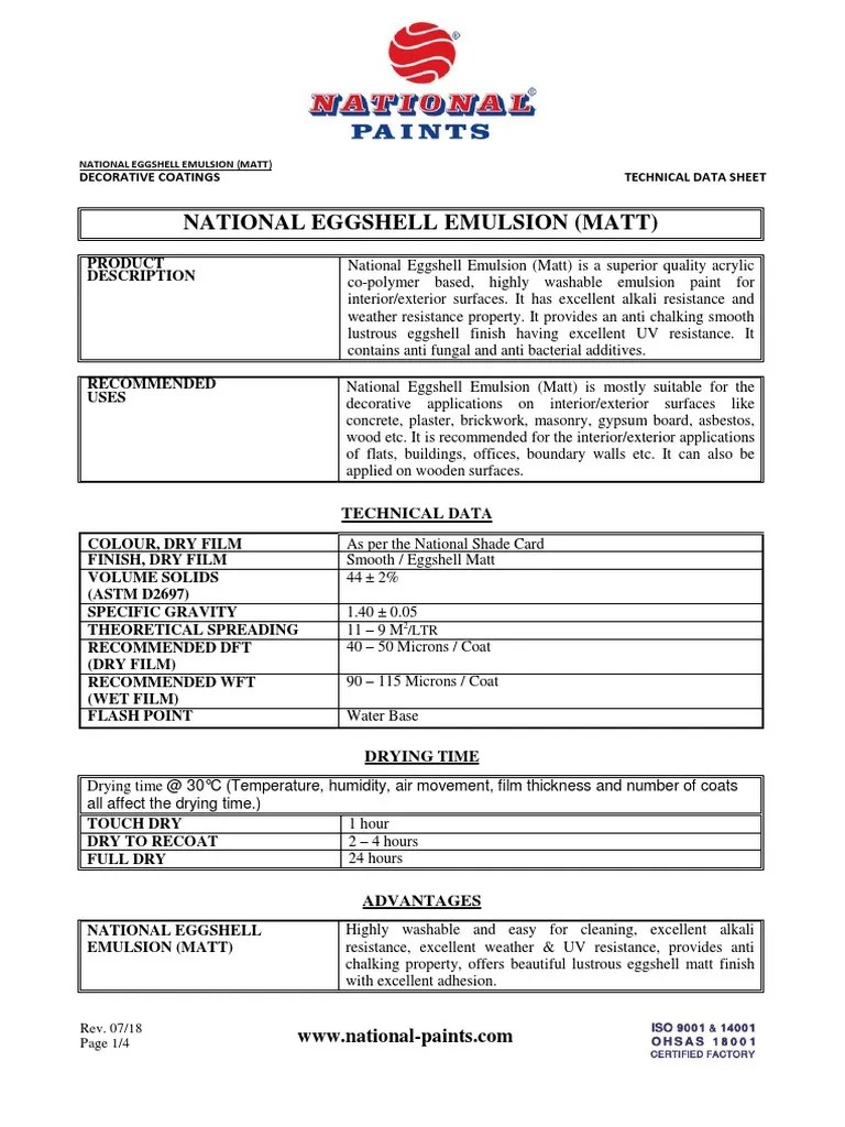 National Eggshell Emulsion (Matt) PDF Paint Plaster