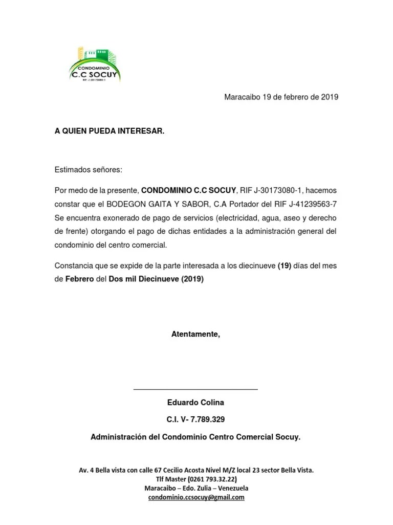 Carta Solvencia Condominio Venezuela