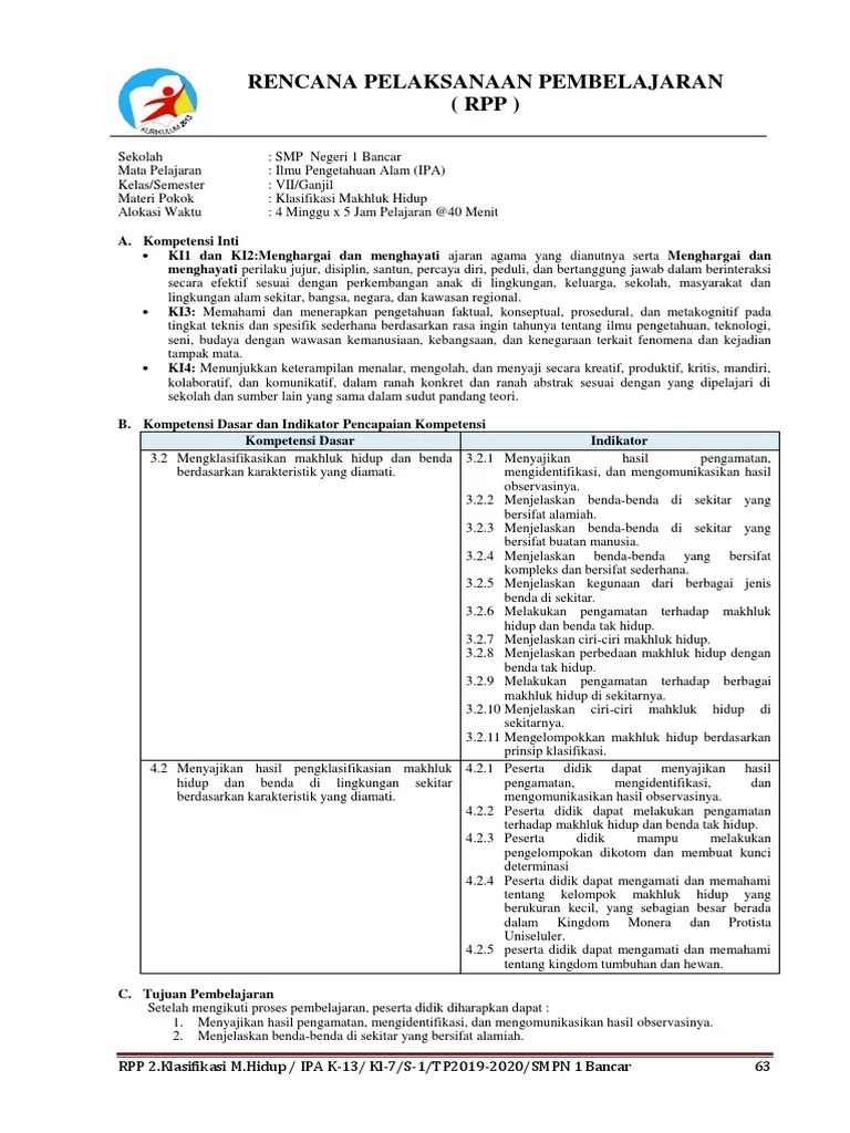 RPP 2 IPA K13 Kelas 7 Semester 1 Bab.2.Klasifikasi Makhluk Hidup PDF