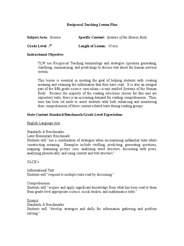 Reciprocal Teaching Lesson Plan | PDF | Reading Comprehension | Teachers