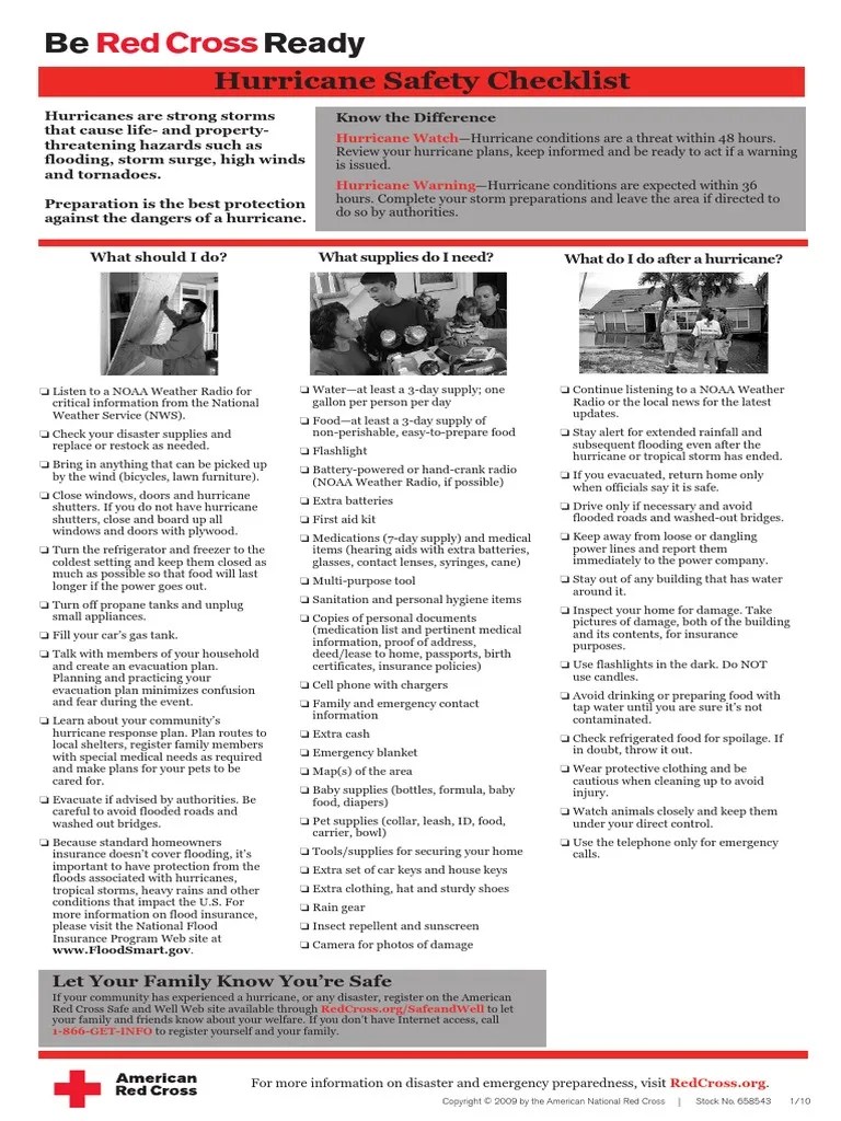 Red Cross Hurricane Preparedness Checklist National Weather Service