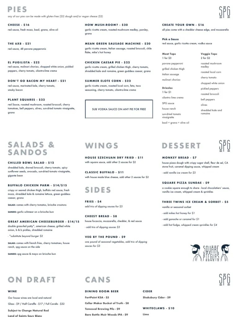 Square Pie Guys Menu PDF Sausage Beer