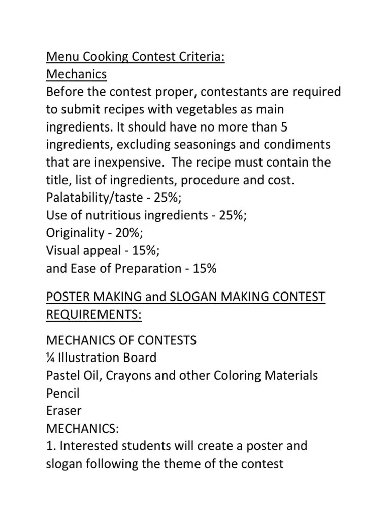 Menu Cooking Contest Criteria Cooking Food & Wine