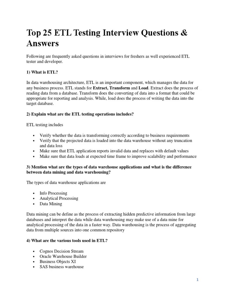 Top 25 ETL Testing Interview Questions & Answers PDF Business