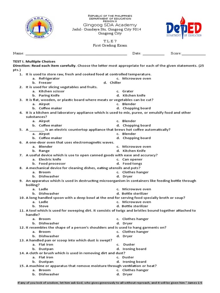 Grade 7 Exam TLE Firstgrading PDF Home Appliance Blender