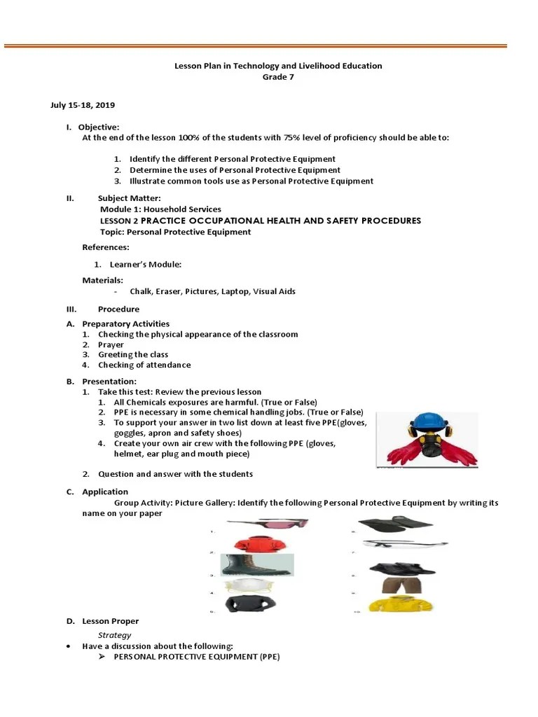 LP in TLE 7 PDF Personal Protective Equipment Lesson Plan