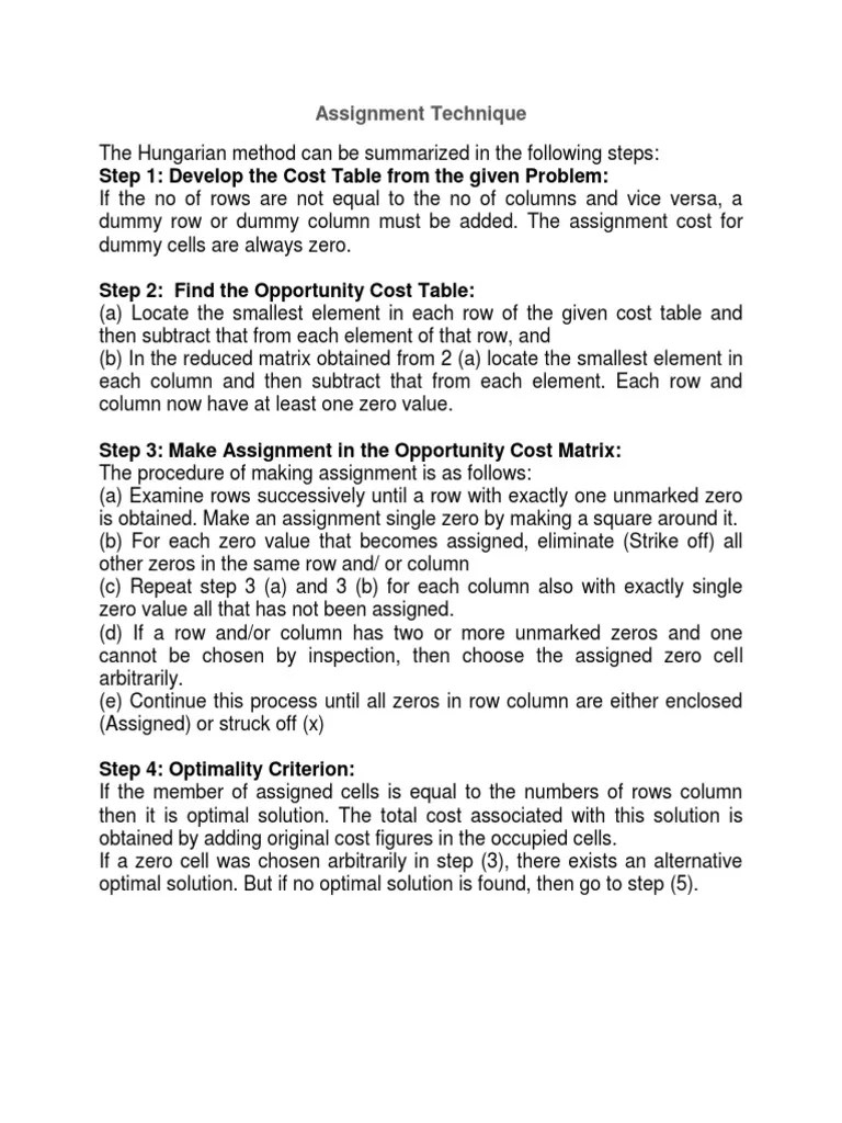 Step 1 Develop The Cost Table From The Given Problem Assignment