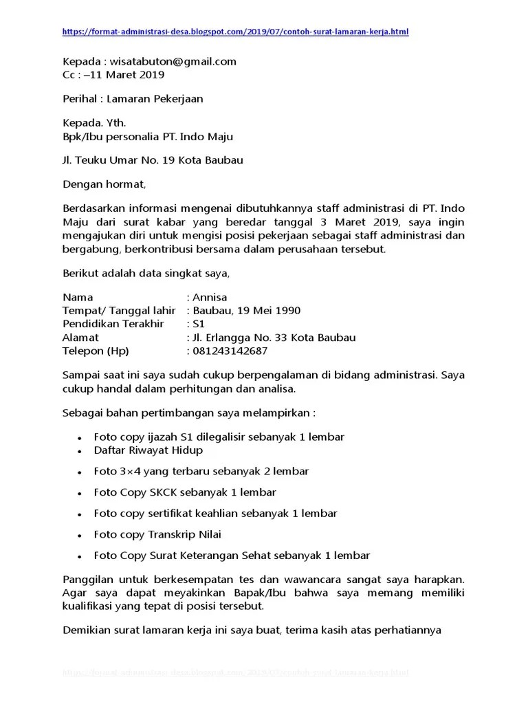 Contoh Surat Lamaran Kerja Sebagai Staff Administrasi Kumpulan Contoh