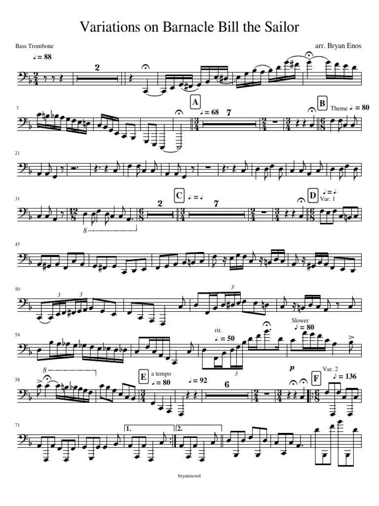 Variations On Barnacle Bill The Sailor For Bass Trombone PDF