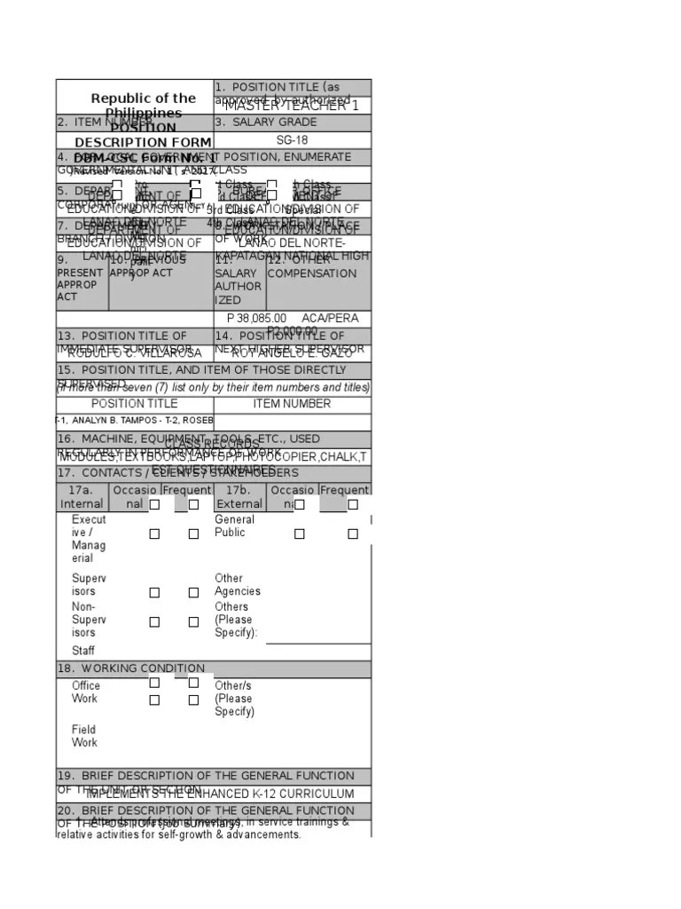 Master Teacher 1 Republic of the Philippines Position Description Form