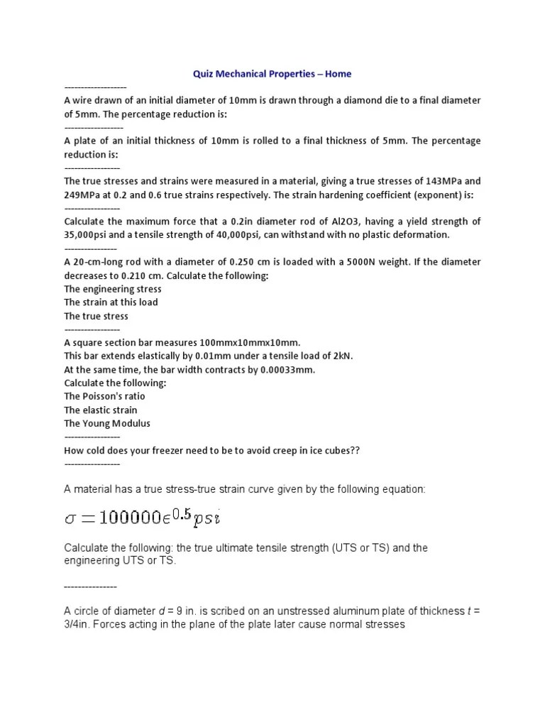 Mechanical Properties Quiz Calculating Percentage Reduction, Strain