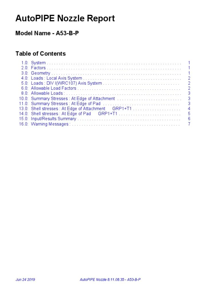 Autopipe Nozzle Report Model Name A53BP PDF Stress (Mechanics