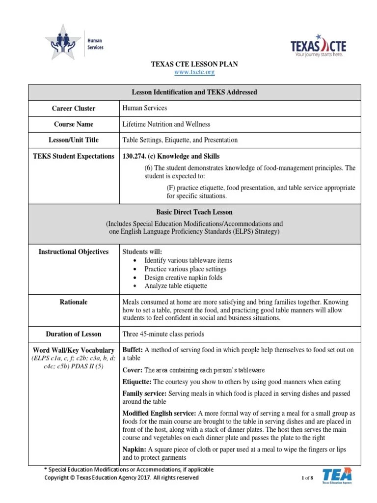 Lesson Plan Table Settings, Etiquette and Presentation 0 0 PDF