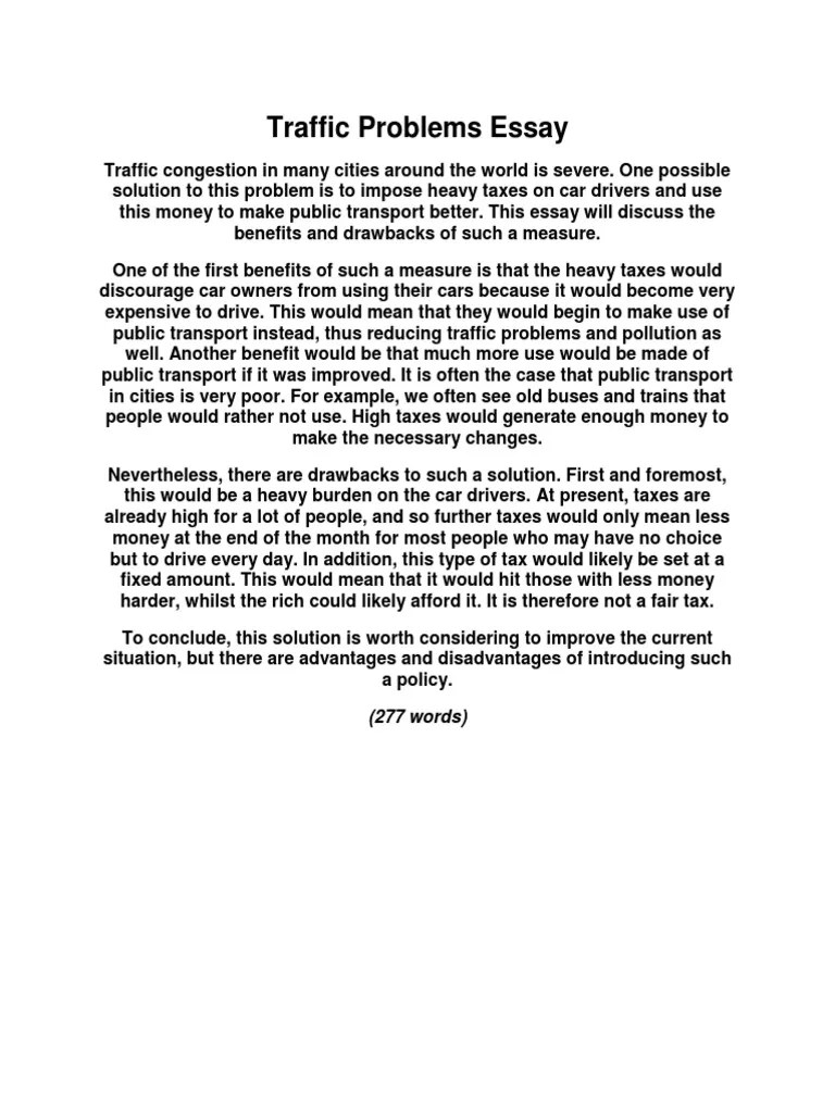 Traffic Problems Essay (277 Words) PDF Teachers Taxes