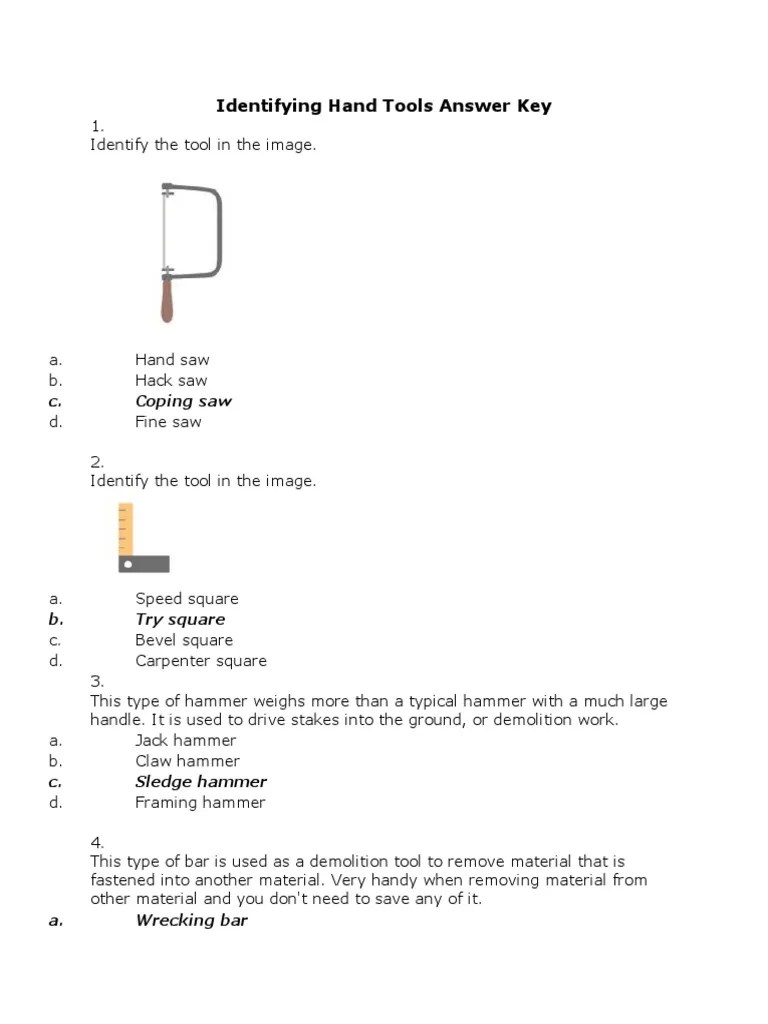 Identifying Hand Tools Answer Key PDF Hammer Drywall