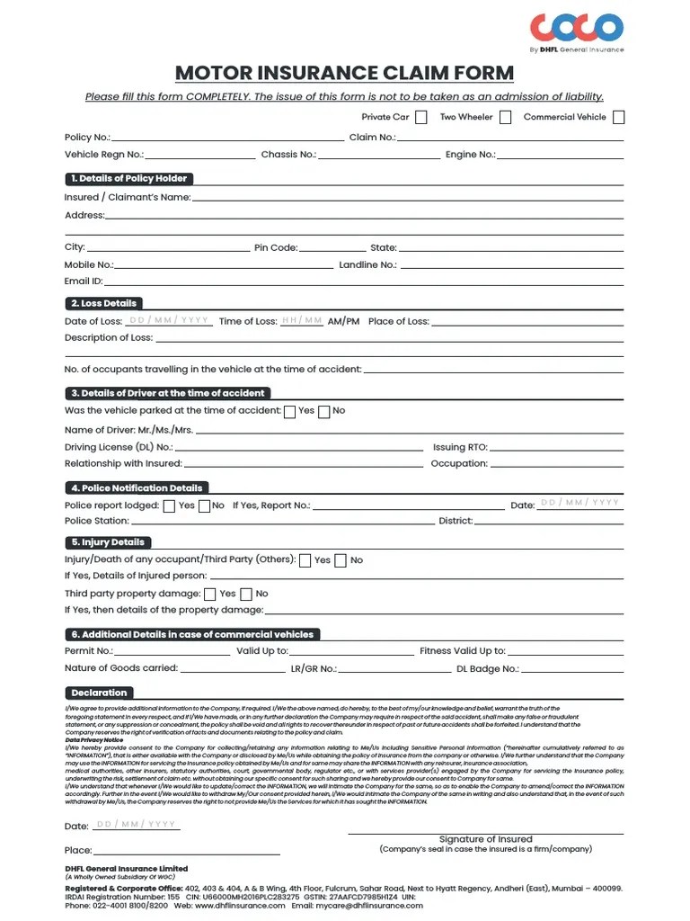 DHFL CLAIM FORM Vehicle Insurance Insurance