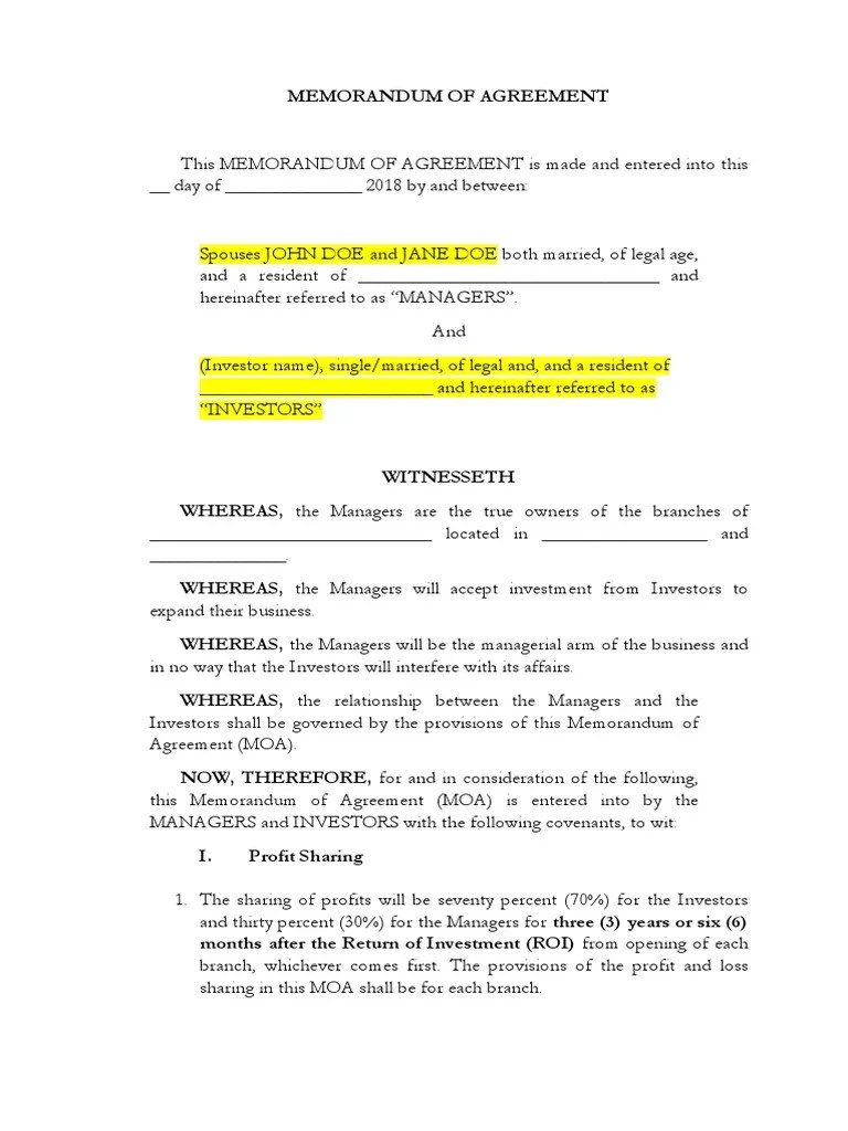 Memorandum of Agreement for Investment Arbitration Civil Law (Legal