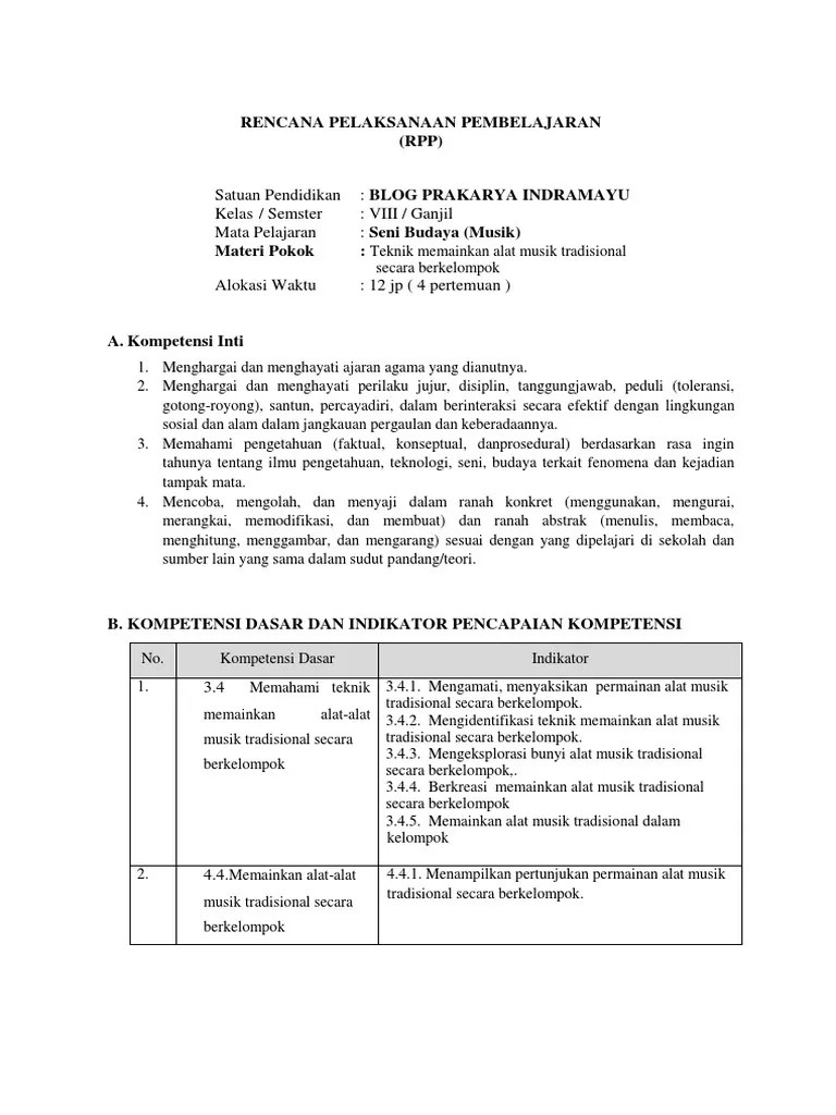 RPP Kls VIII Seni Musik KD 3.4 Dan 4.4 UNGGULAN 2018 | PDF