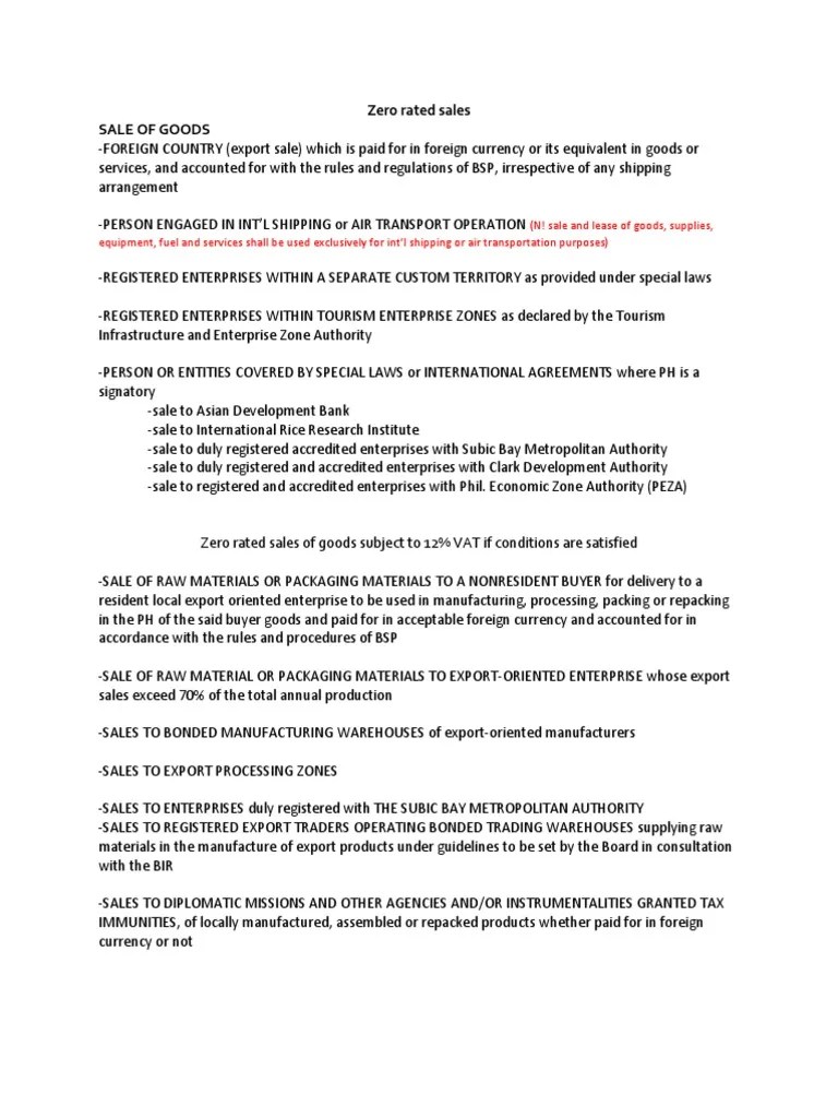 Zero Rated Sales Sale of Goods PDF Value Added Tax Business