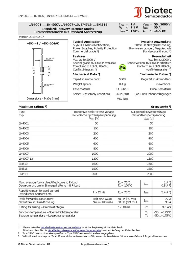 1n4001 Diode Datasheet PDF