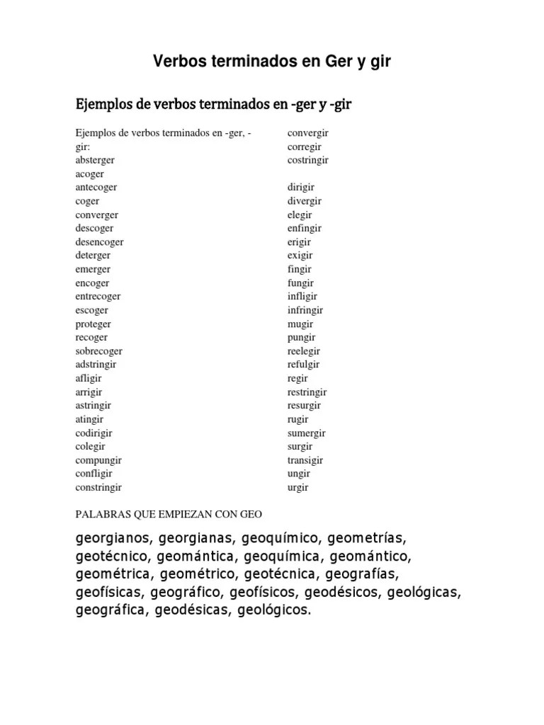 Verbos Terminados en Ger y Gir Geología Ciencia