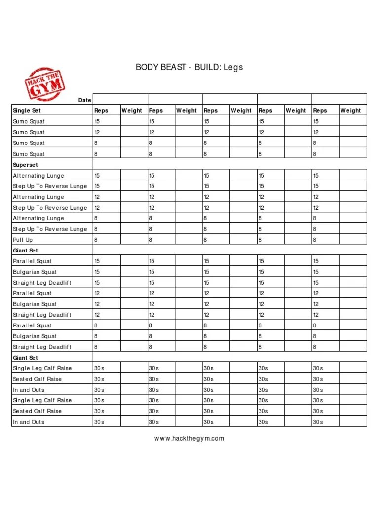 Body Beast Build Legs Workout Sheet | Pdf | Dance Science | Management Of  Obesity