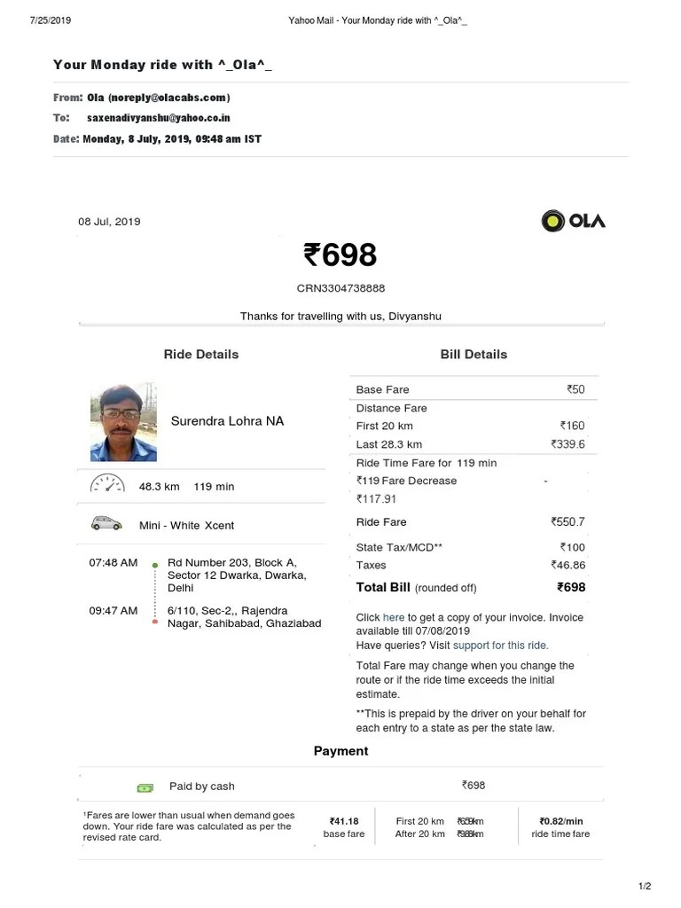 Your Monday Ride With Ola Ride Details Bill Details PDF
