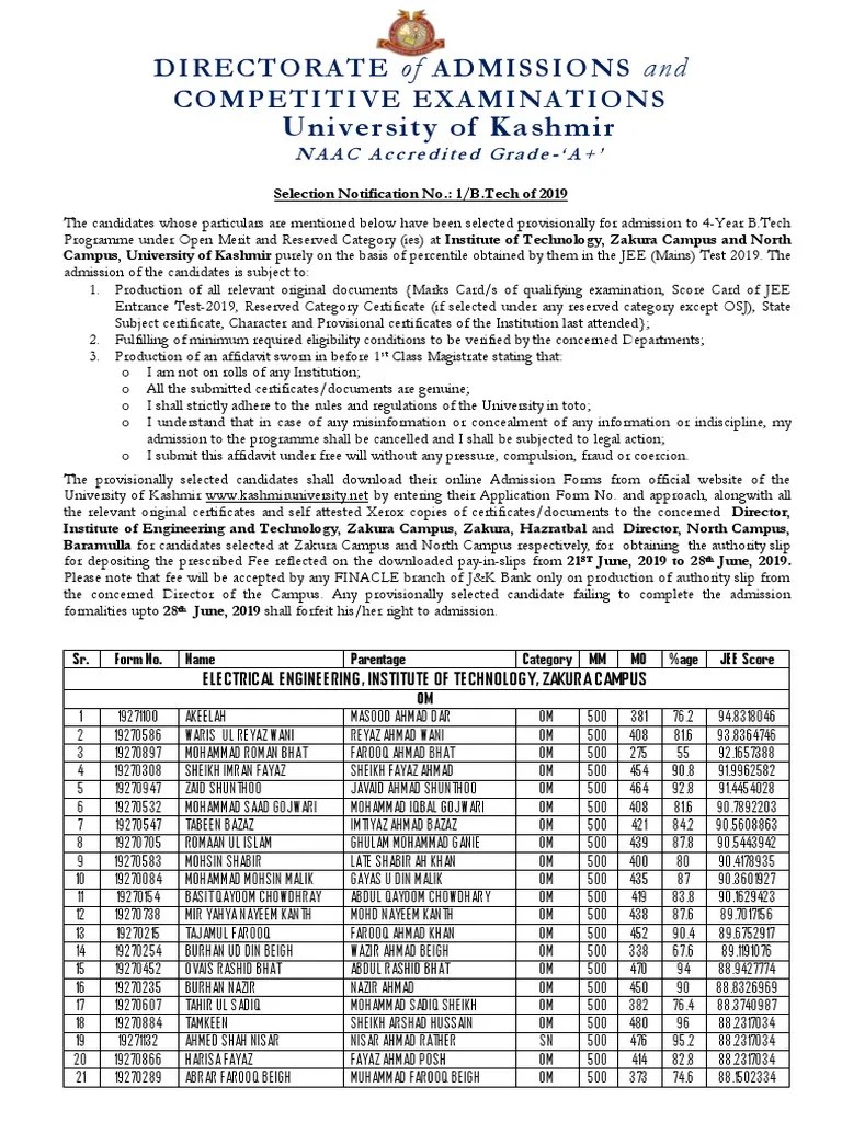University of Kashmir PDF University And College Admission