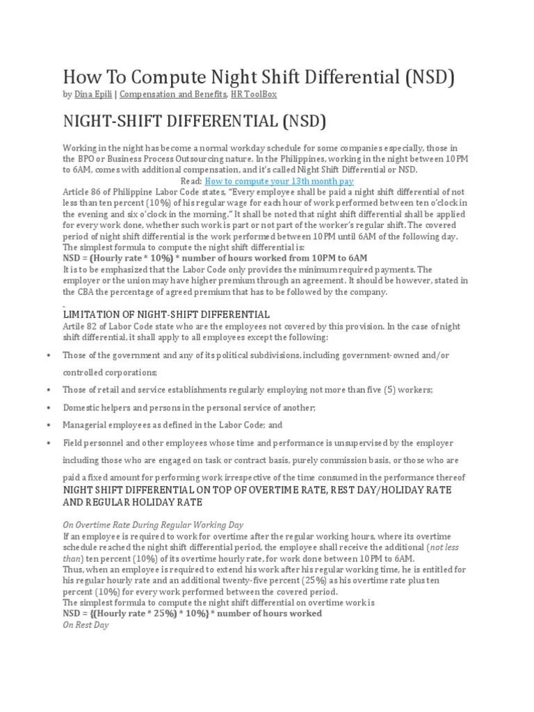 How To Compute Night Shift Differential PDF Overtime Working Time