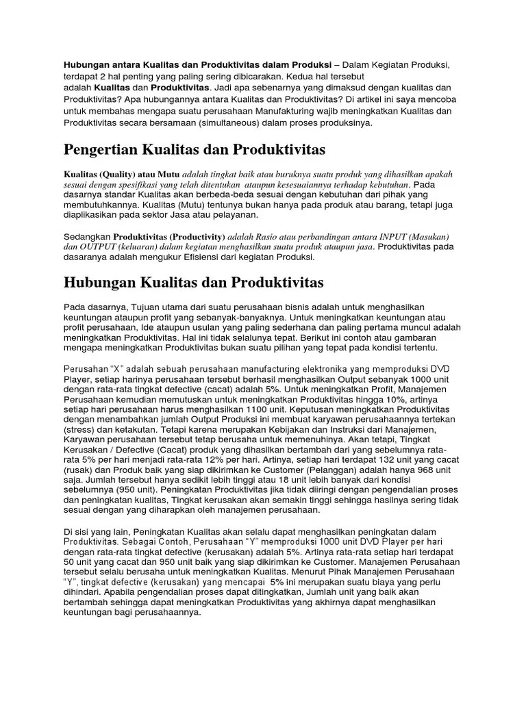 Hubungan Antara Kualitas Dan Produktivitas Dalam Produksi | PDF
