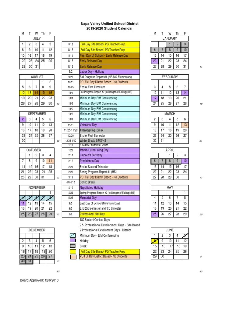 20192020 Napa Valley Unified School District Calendar Academic Term
