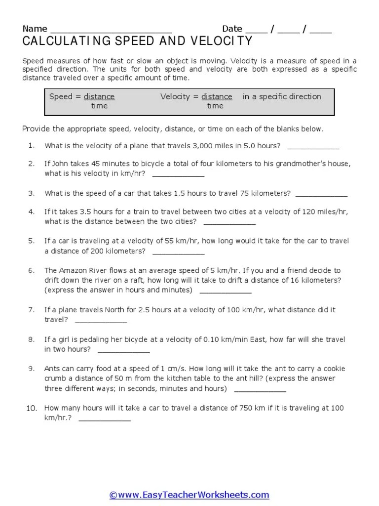 Worksheet Velocity PDF Speed Velocity