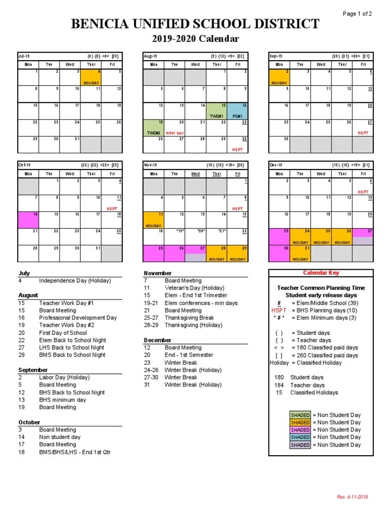 Benicia Unified School District Calendar 2526 PDF Academic Term