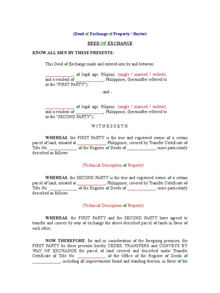 Deed of Exchange of Property , Barter Private Law Civil Law (Legal