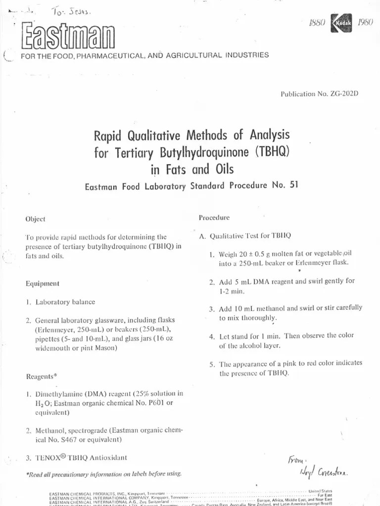 Rapid Qualitative Methos of Analysis For TBHQ in Fats and Oils PDF