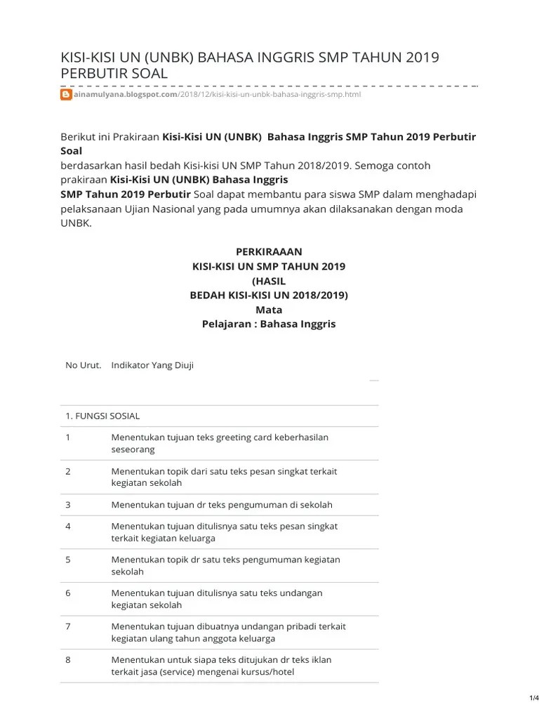 Kisi-Kisi Un Unbk Bahasa Inggris SMP Tahun 2019 Pe | PDF