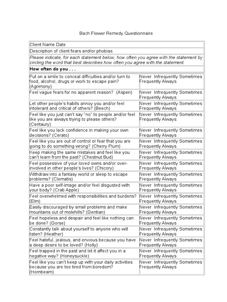 Bach Flower Remedy Questionnaire PDF Fear Bach Flower Remedies
