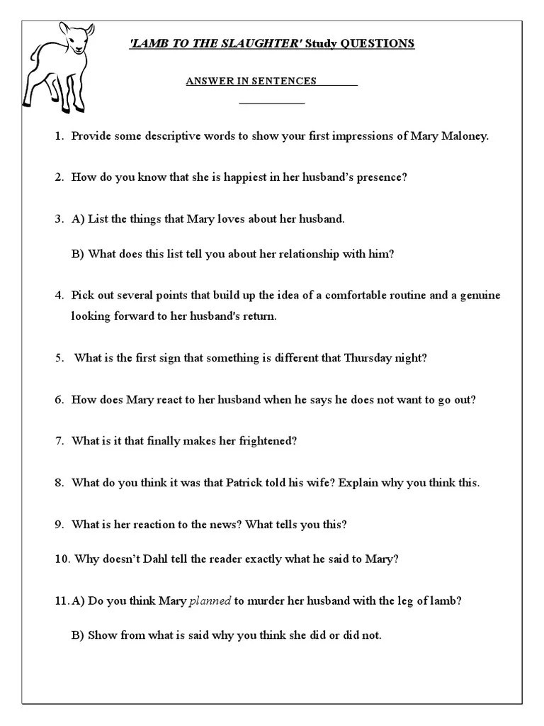 'Lamb To The Slaughter' Study Questions Answer in Sentences PDF