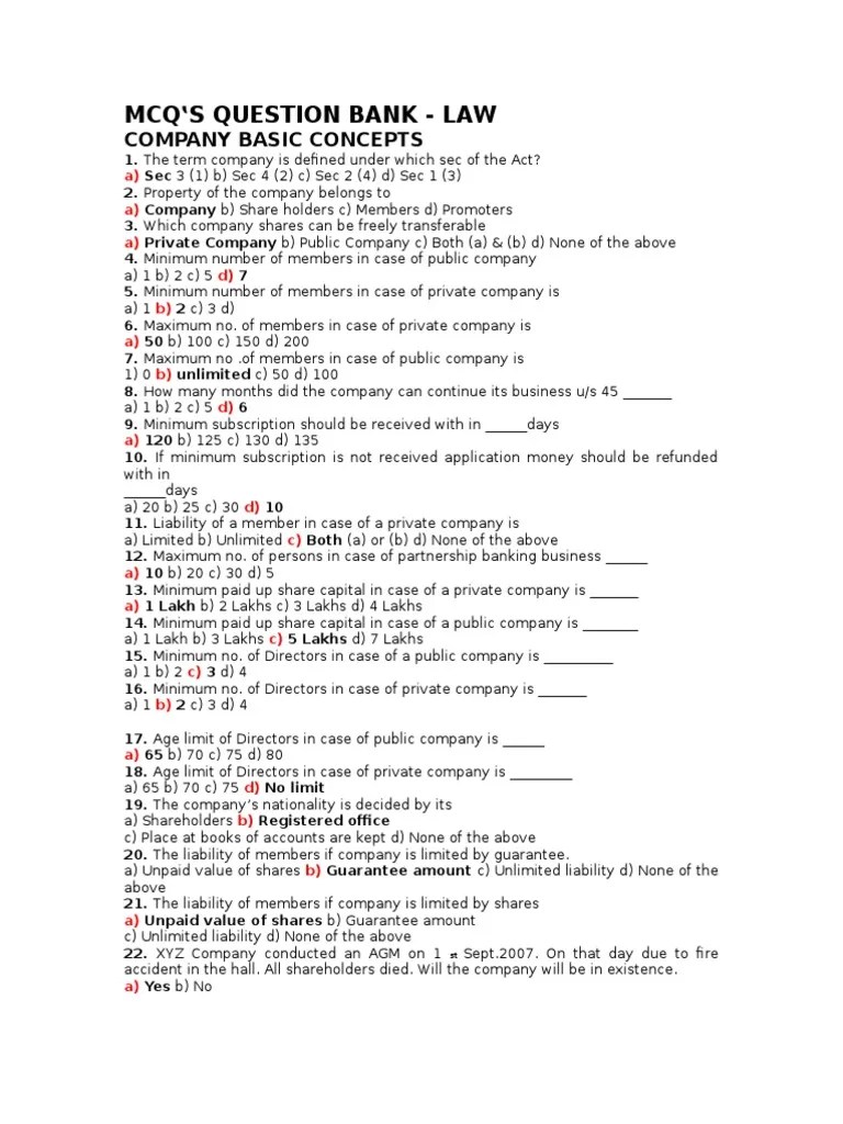 MCQ S Question Bank Law Company Basic Concepts PDF Stocks
