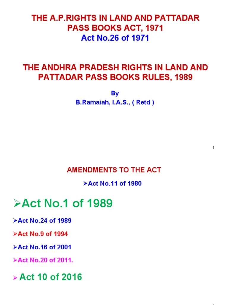 Rights in Land and Pattadar Pass Books Rules 1989 PDF Deed Receipt