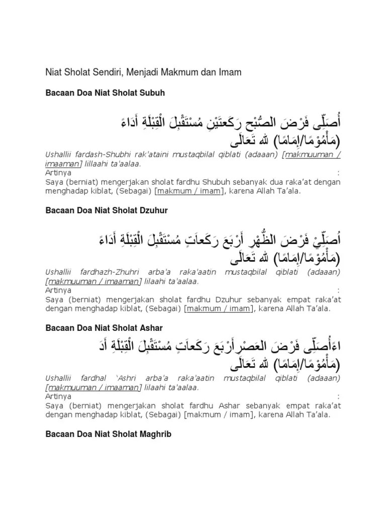 Niat Sholat Subuh Sampai Isya Sendiri